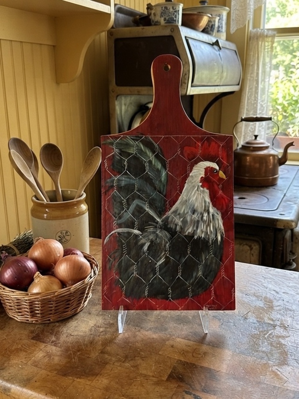 Hand-Painted Rooster cutting board Folk Art- Red, Black, White by Nanny Beth
